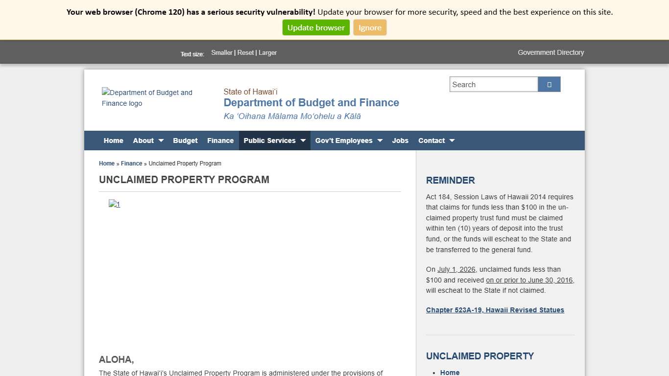 Department of Budget and Finance Unclaimed Property Program