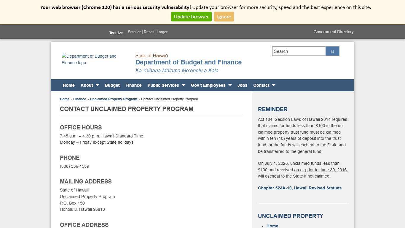 Department of Budget and Finance Contact Unclaimed Property Program