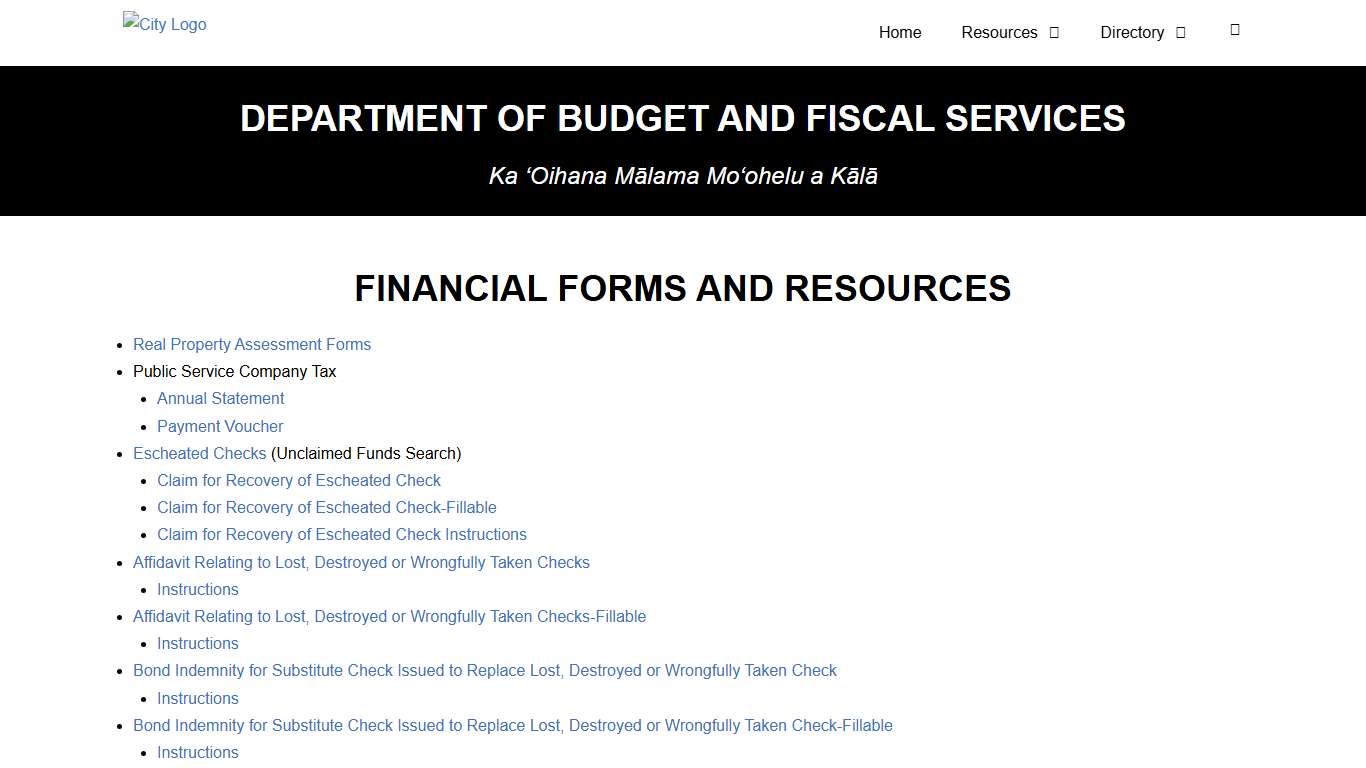 Financial Forms Department of Budget and Fiscal Services